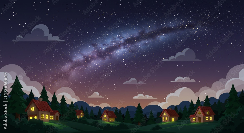 Naklejka premium Pixel Art Night Village Under Milky Way Galaxy