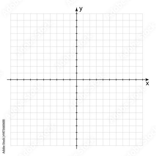 Cartesian x y coordinate system in two dimensions on white lined paper. Orthogonal coordinate plane with two axes on square grid. Math bw template. Vector illustration