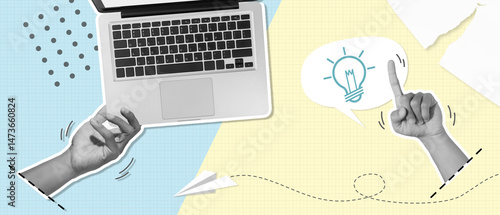 Technology, startup, idea for business concept. hand working on a laptop. other hand point index finger up to light bulb that symbolizes an idea inside speech bubble. collage style
