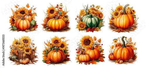 Harvest Collection of Pumpkins and Sunflowers for Autumn Decor, Isolated on Transparent, white background