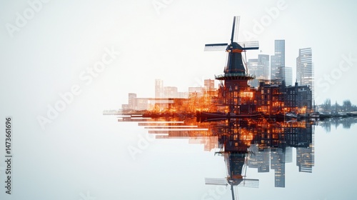 Stunning Double Exposure of Amsterdam Canal with Modern Cityscape Reflection