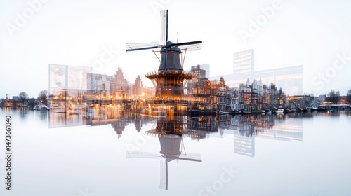 Double Exposure Capture of Amsterdam's Canal Beauty with Windmill Reflections