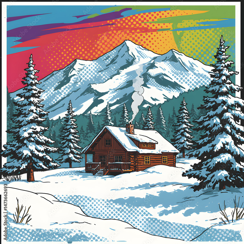 Naklejka premium Cozy Mountain Cabin in a Snowy Winter Wonderland A Serene Escape to Nature's Embrace