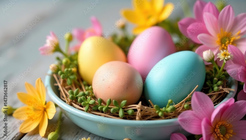 Vibrant pastel eggs nestled in a spring flower arrangement , Easter, flowers, happy Vibrant pastel eggs nestled in a spring flower arrangement , Easter, flowers, happy