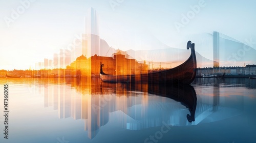 Double Exposure of Copenhagen's Canals with a Viking Ship at Sunrise