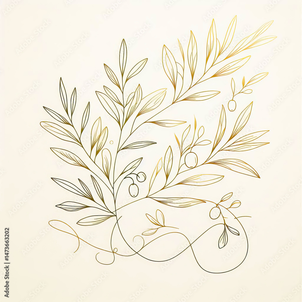 Naklejka premium Elegant Olive Branch Line Art - Gold Accent Botanical Illustration 