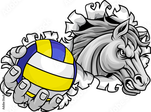 Horse mustang bronco stallion angry volleyball sports team mascot holding a ball.