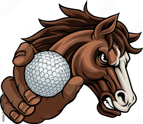 Horse mustang bronco stallion angry golf sports team mascot holding a ball.
