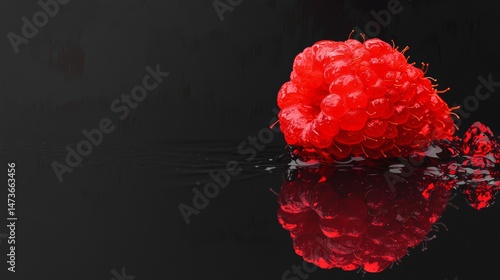Fresh raspberry resting on black surface reflecting in water droplets, capturing vibrant colors and textures in a dramatic composition