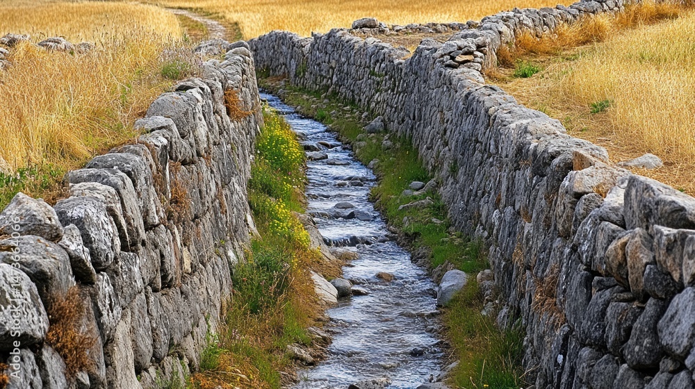 Fototapeta premium Stone-lined irrigation channel through golden field