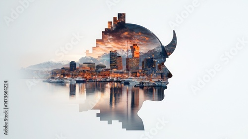Double Exposure Art of Oslo's Harbor Scene with Norwegian Cityscape and Silhouette