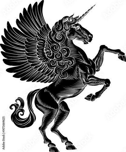 A heraldry coat of arms crest style rearing heraldic unicorn Pegasus winged horse standing on hind legs in a vintage style