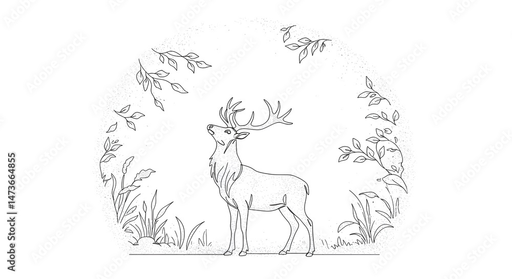 Fototapeta premium Elegant Deer Illustration in Nature with Clean Line Art