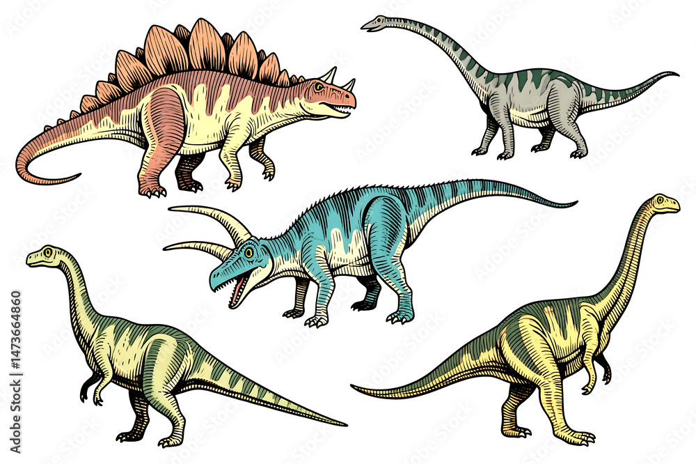 Fototapeta premium Dinosaur drawing colorful group scene showing multiple prehistoric dinosaurs in a playful and detailed composition for educational and creative visuals.