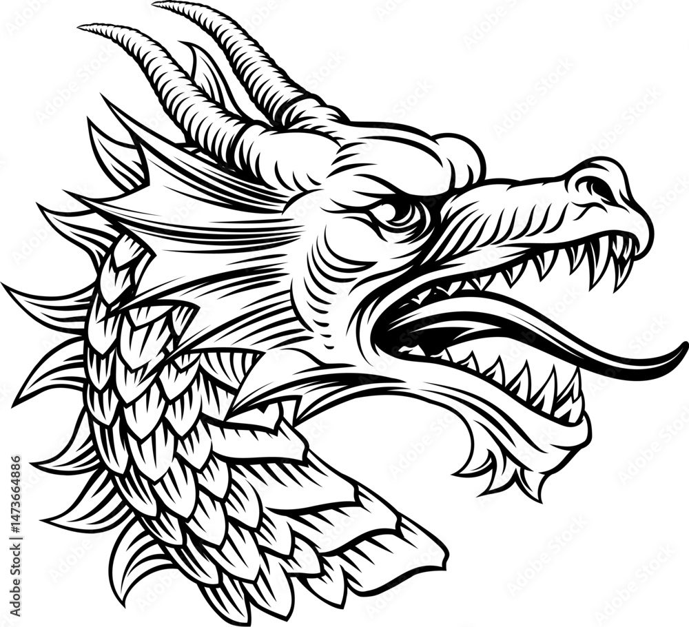 Obraz premium Dragon head, an original illustration in a retro woodcut etching vintage style