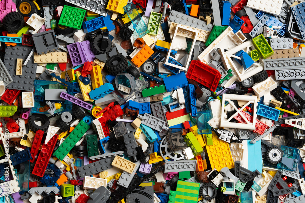 Fototapeta premium Illustrative editorial of Lego colorful assortment of plastic building blocks constructor. Lego is a world famous company based in Billund, Denmark. KHARKIV, UKRAINE - 11 May 2025..