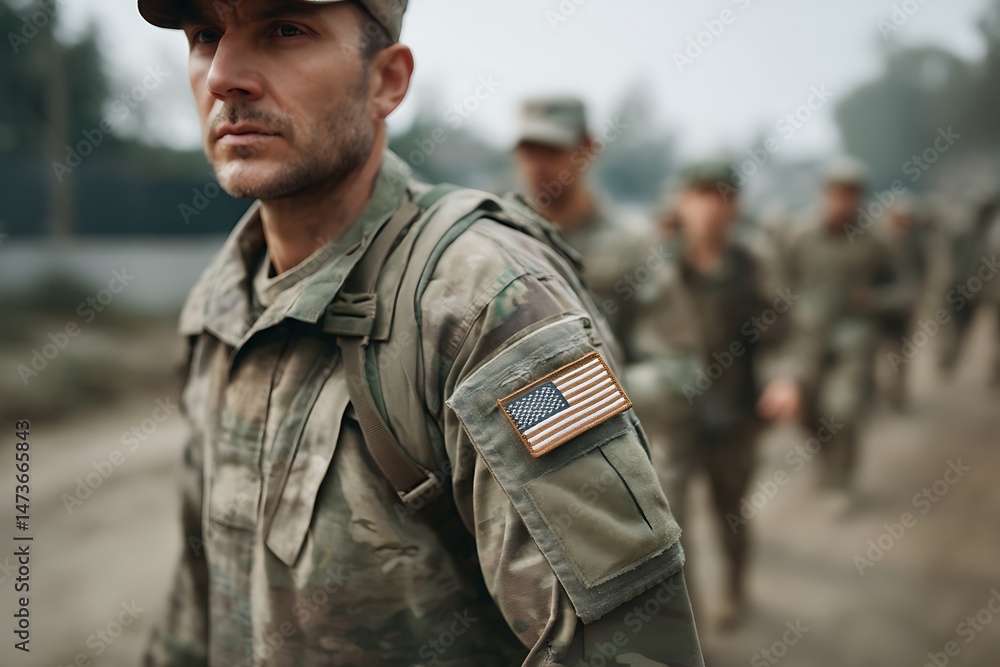 Fototapeta premium American Soldier in Uniform Walking Outdoors with Patriotism and Duty