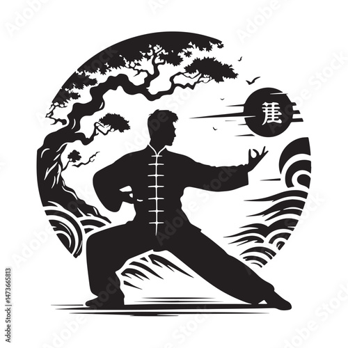 Tai Chi (China - internal martial art) Silhouette line art vector illustration on white background