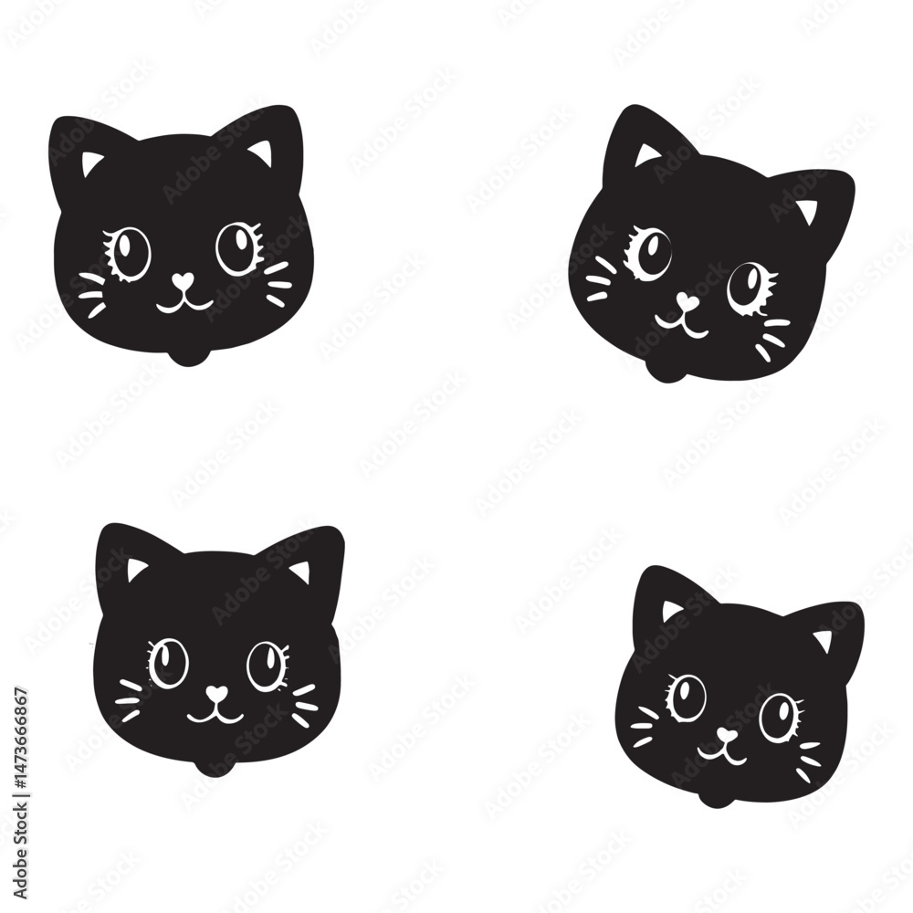 Cute Black Cat Face Clipart Set Smiling Cat Icon Vector Graphics Cute Black Cat Face Clipart Set Smiling Cat Icon Vector Graphics