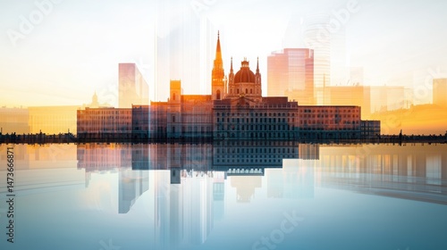 Stunning Double Exposure of Vienna Cityscape with Horizon and Reflective Water Surface