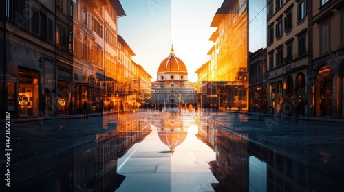 Double Exposure of the Streets of Florence Showcasing Architecture and Reflection