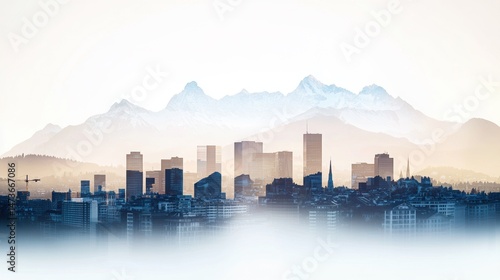 Serene Double Exposure of Zurich City Views with Majestic Mountains Background