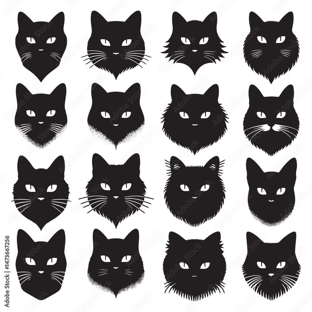 Obraz premium Cute Black Cat Face Clipart Set Smiling Cat Icon Vector Graphics