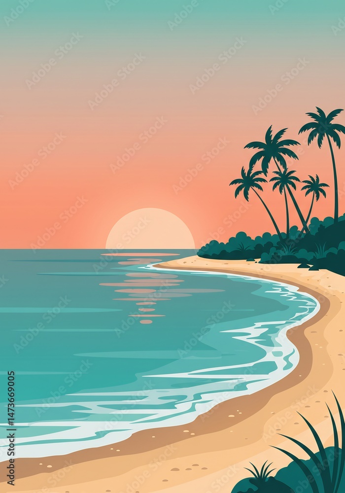 Fototapeta premium Pixel Art Tropical Sunset Beach Scene
