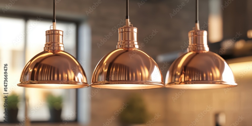 Obraz premium Brass Lamp. Shiny Metallic Hanging Pendant Lamp in Copper Isolated 3D Illustration