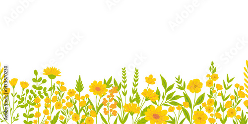 Cute horizontal banner with hand drawn blooming yellow flowers. Floral seamless patterns border. Vector illustration on white background.	