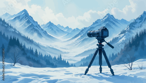 A professional photographer with a camera on a tripod captures a black silhouette landscape photo of nature in the mountains under the sky