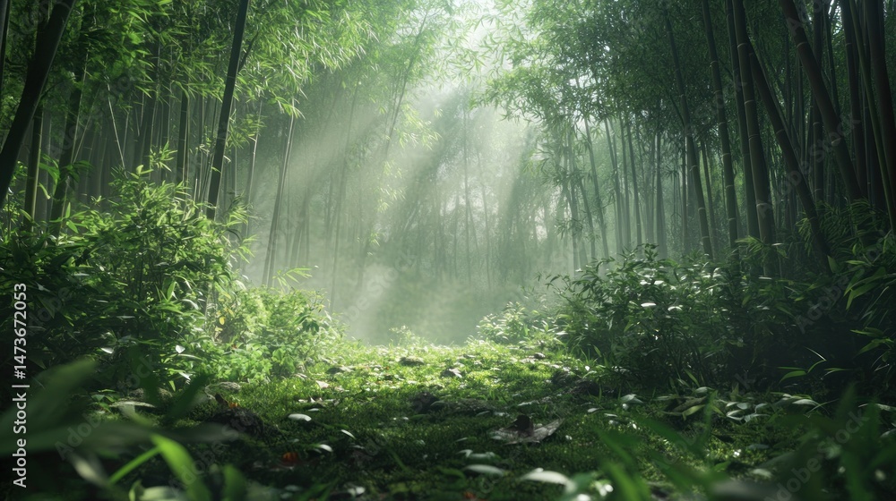 Obraz premium Sunbeams filtering through a dense bamboo forest