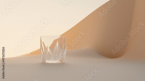 A glass sits on a table against a beige background.