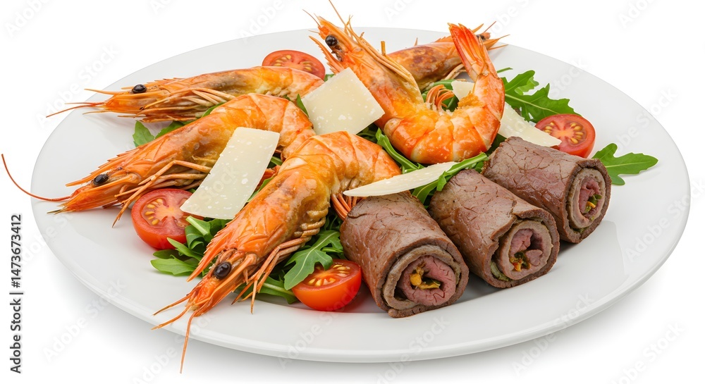 Serving of Shrimp and Rolled Meat on White Plate Serving of Shrimp and Rolled Meat on White Plate