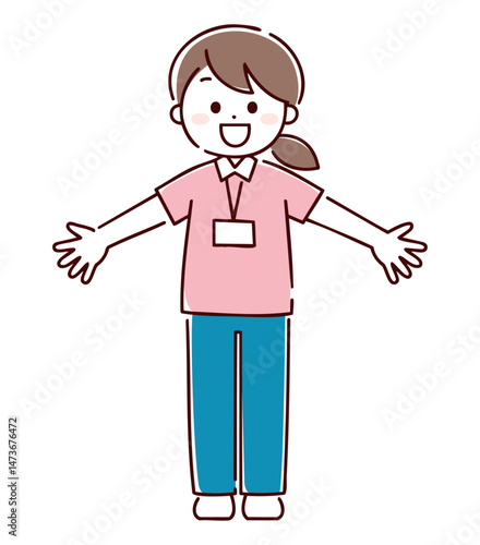 両手を広げているユニフォームを着た女性