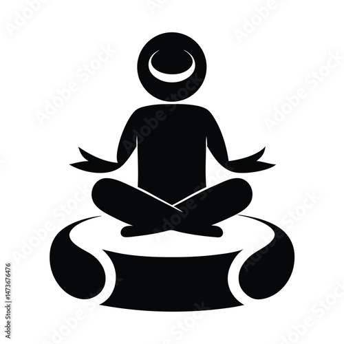 A vector silhouette illustration shows a woman in a lotus pose for yoga meditation, embodying relaxation and fitness
