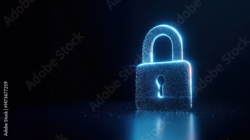 Glowing lock symbol on dark blue background stands for cyber safety in zero trust security, privacy defense, and secure digital control
