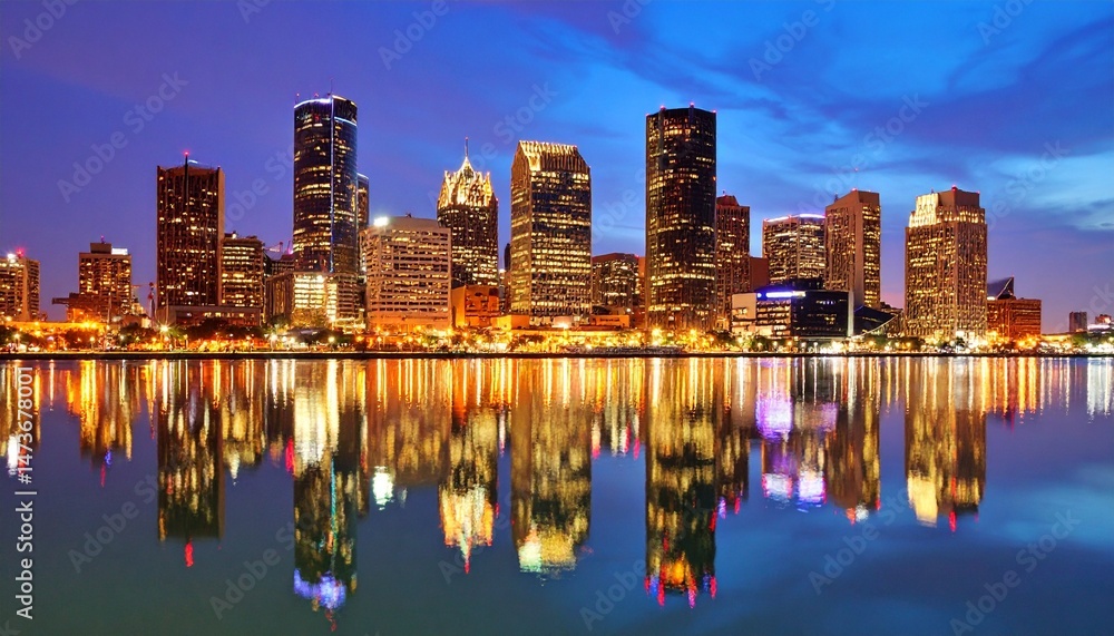 Obraz premium Detroit skyline in cityscape reflecting in river at night