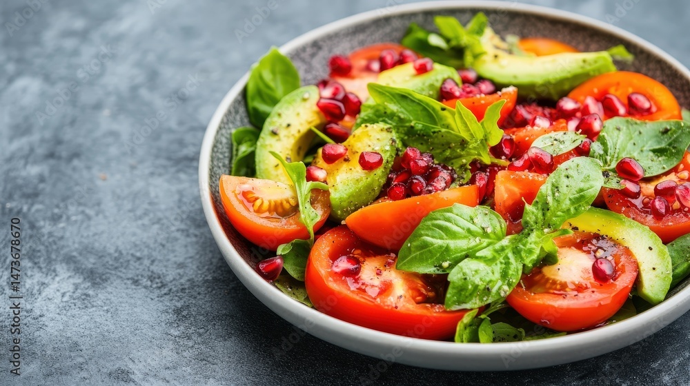 Fresh salad with tomatoes, avocado, basil leaves, and pomegranate seeds in a bowl on a textured gray surface. Fresh salad with tomatoes, avocado, basil leaves, and pomegranate seeds in a bowl on a textured gray surface.