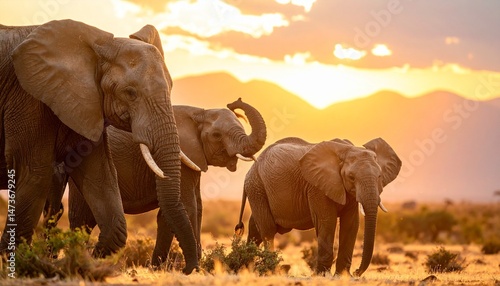 elephants in the savannah at sunset