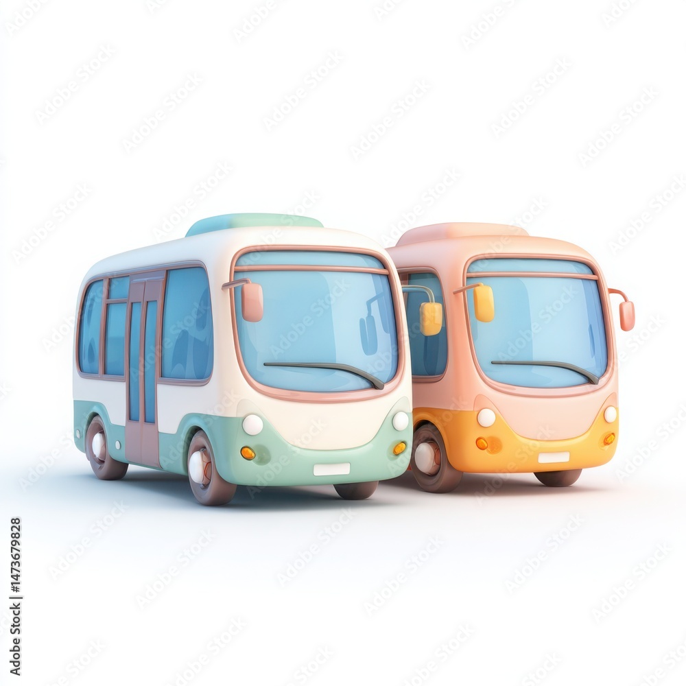 Cute Cartoon Buses, 3D Render, Transportation, Public Transit, Pastel Colors, Clean White Background Cute Cartoon Buses, 3D Render, Transportation, Public Transit, Pastel Colors, Clean White Background