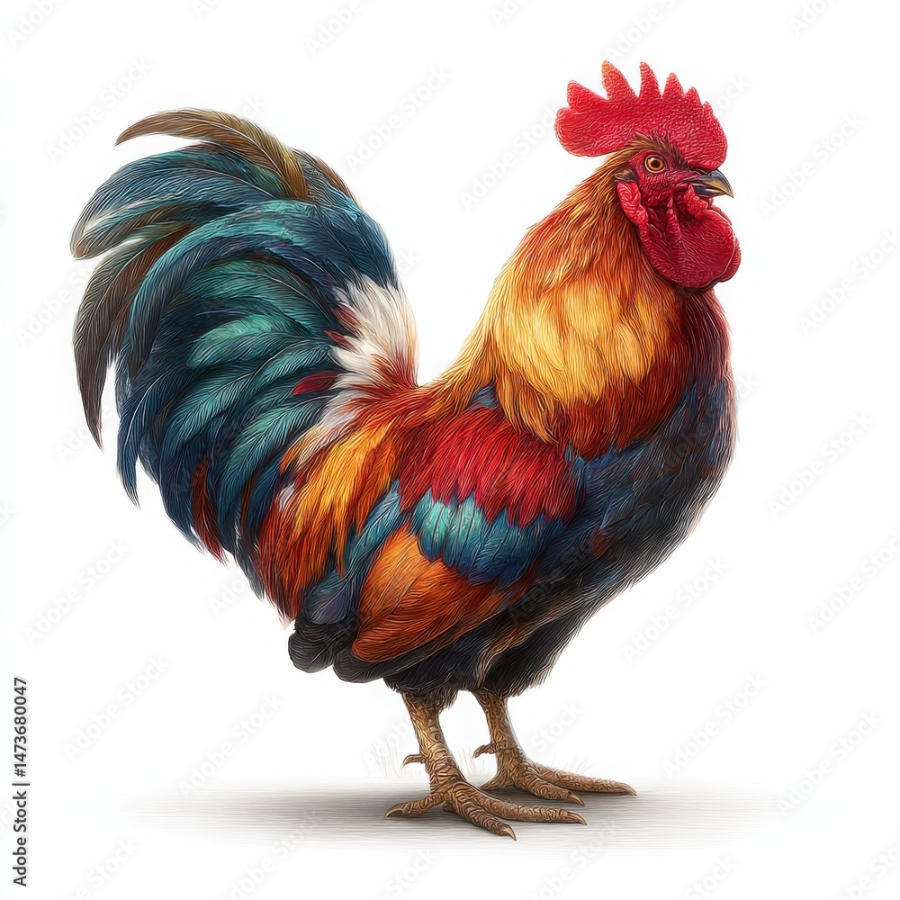 Fototapeta premium Colorful Rooster Illustration: Farm Animal Art with Bright Feathers on White Background