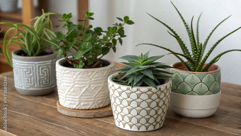 Obraz premium Stylish Ceramic Planters with Assorted Indoor Plants Elevate Your Home Decor with These Unique Potted Plants