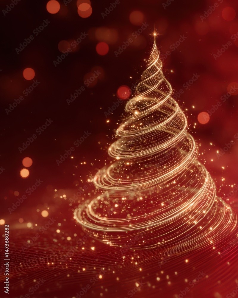 Abstract Gold Light Christmas Tree 3D Render on Red Background Abstract Gold Light Christmas Tree 3D Render on Red Background