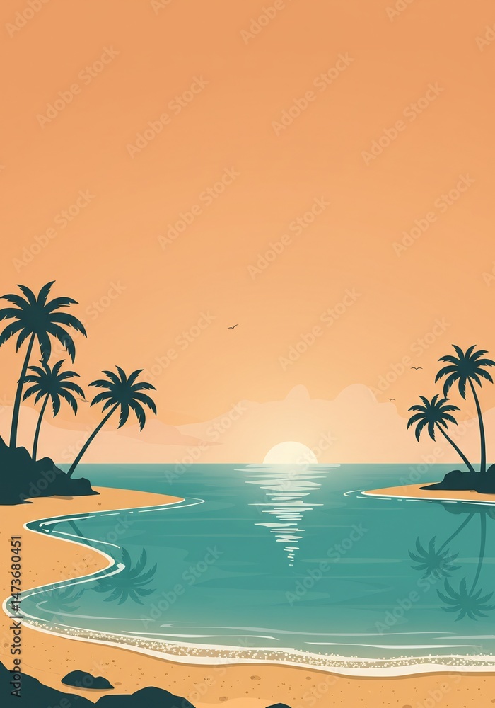 Obraz premium Tranquil Sunset Beach Scene with Palm Trees