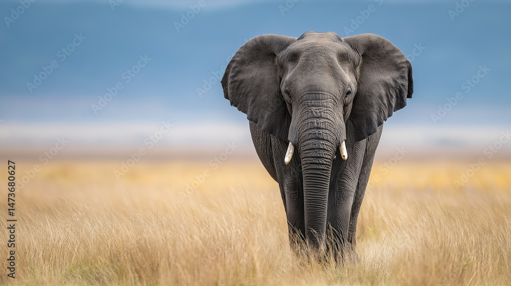 Naklejka premium elephant walks swinging trunk in sunshine