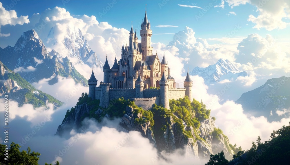 Majestic castle perched atop a verdant peak amidst cloudscapes and mountain range Majestic castle perched atop a verdant peak amidst cloudscapes and mountain range