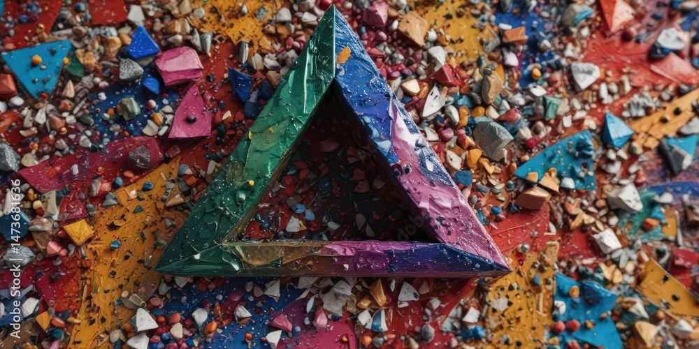 Fototapeta premium Abstract macro shot of recycled materials forming a triangle shape, multicolored background , macro, stock photo