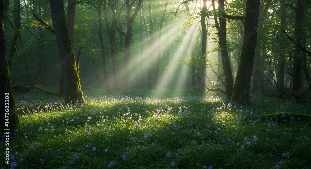 Fototapeta premium Lush Forest Sunlight Illuminating Bluebells and Moss Covered Trees in Early Summer