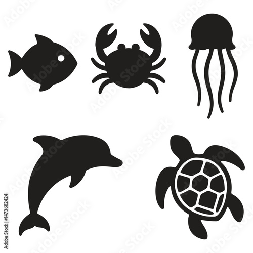 Cartoon set of sea animals and creatures in silhouette style, including fish, dolphin, turtle, octopus, and more, designed as a cute black vector collection